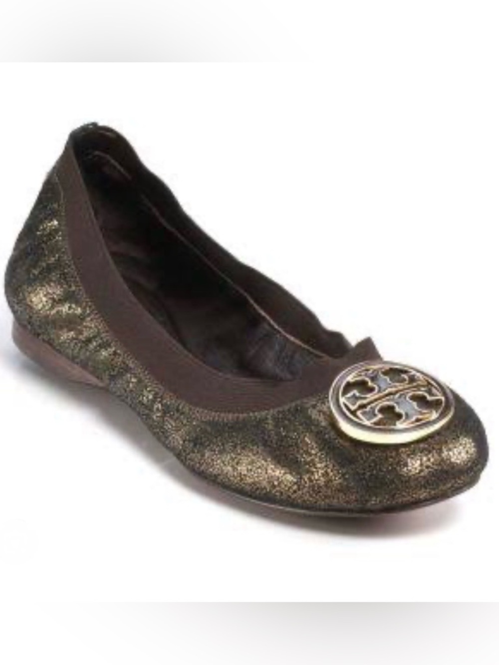 TORY BURCH Caroline Brown Gold Crackle Leather Slip On Ballet Flats Sz 8 M